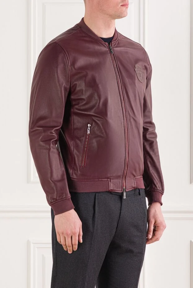 Billionaire mens burgundy leather bomber jacket decorated with a tonal brand emblem 144512 - photo 3