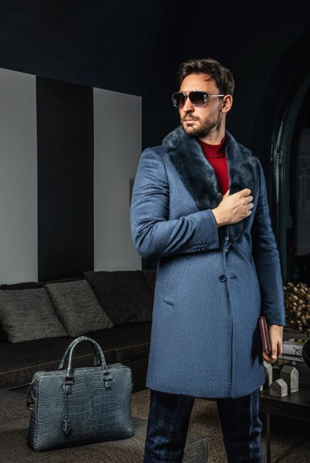 Чоловічі сині штани в клітку з вовни з додаванням шовку та льону - фото 2