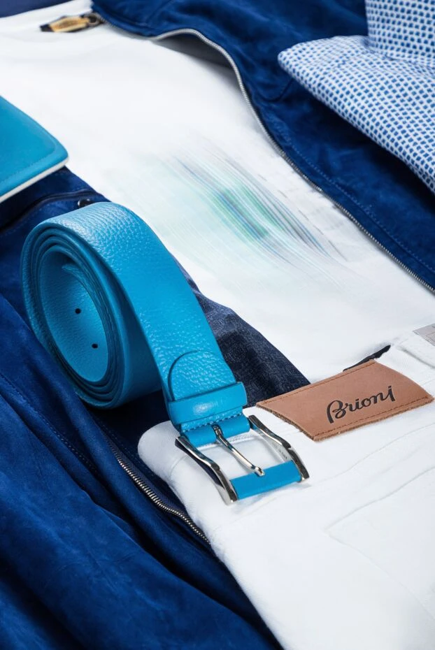 Ремень кожаный фактурный ярко-голубой мужской - фото 2