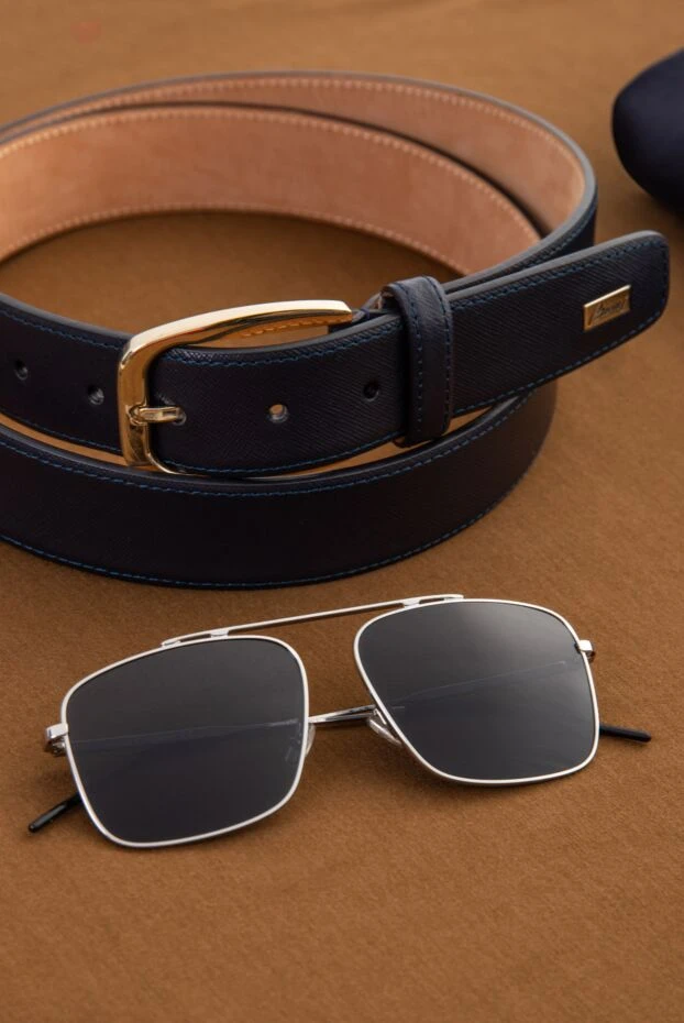 Brioni blue saffiano leather men's belt with gold buckle 145436 - photo 2