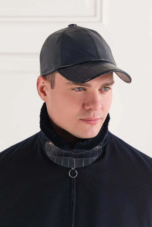 Cesare di Napoli leather cap with crocodile leather visor blue for men 146257 - photo 2