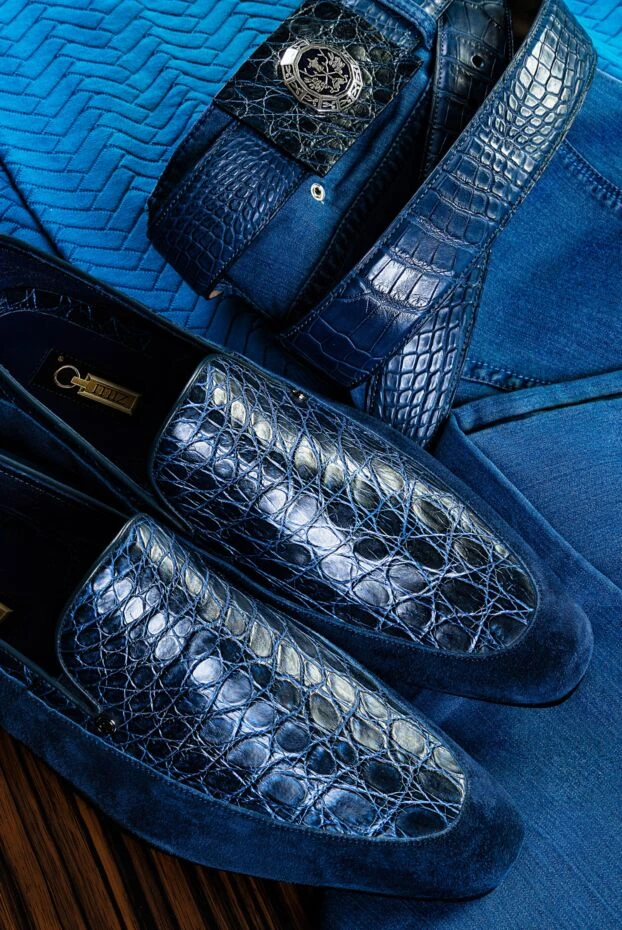Zilli комбіновані лофери зі шкіри крокодила та замші сині 146701 - фото 2