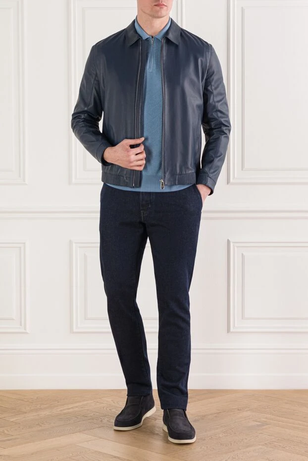 Torras mens classic blue leather jacket with turn-down collar 147011 - photo 2