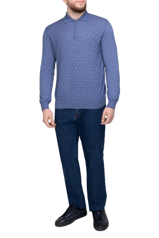 Cesare di Napoli man long-sleeved wool and cashmere polo shirt blue for men 148029 - photo 2