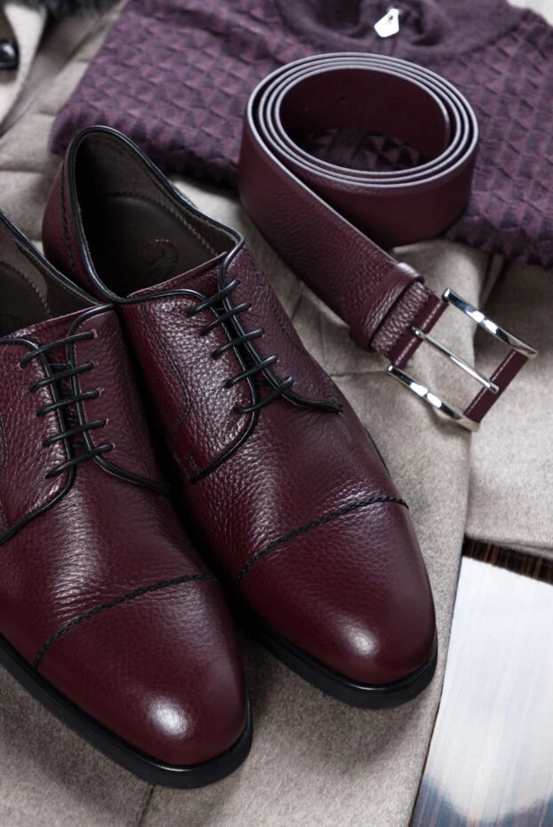 Burgundy textured leather cap-toe derby shoes for men - photo 2