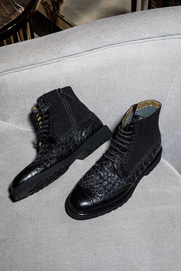 Мужские ботинки из кожи и кожи аллигатора черные - фото 2