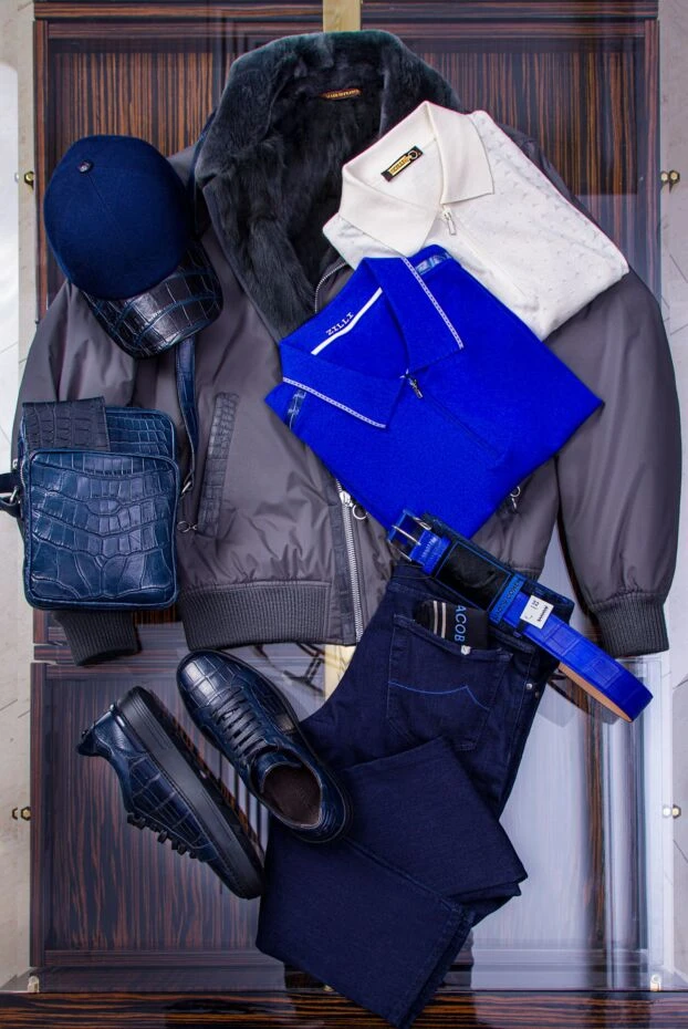 Мужские синие кроссовки из натуральной крокодиловой кожи с глянцевой фактурой - фото 2