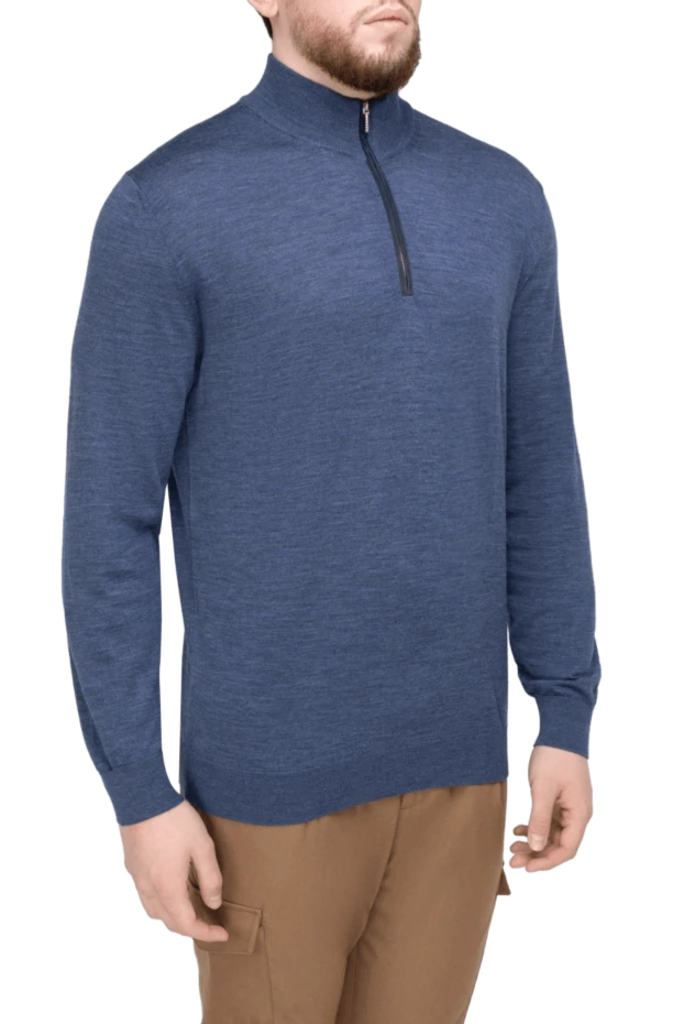 Cesare di Napoli man long-sleeved wool and cashmere polo shirt blue for men 148029 - photo 3