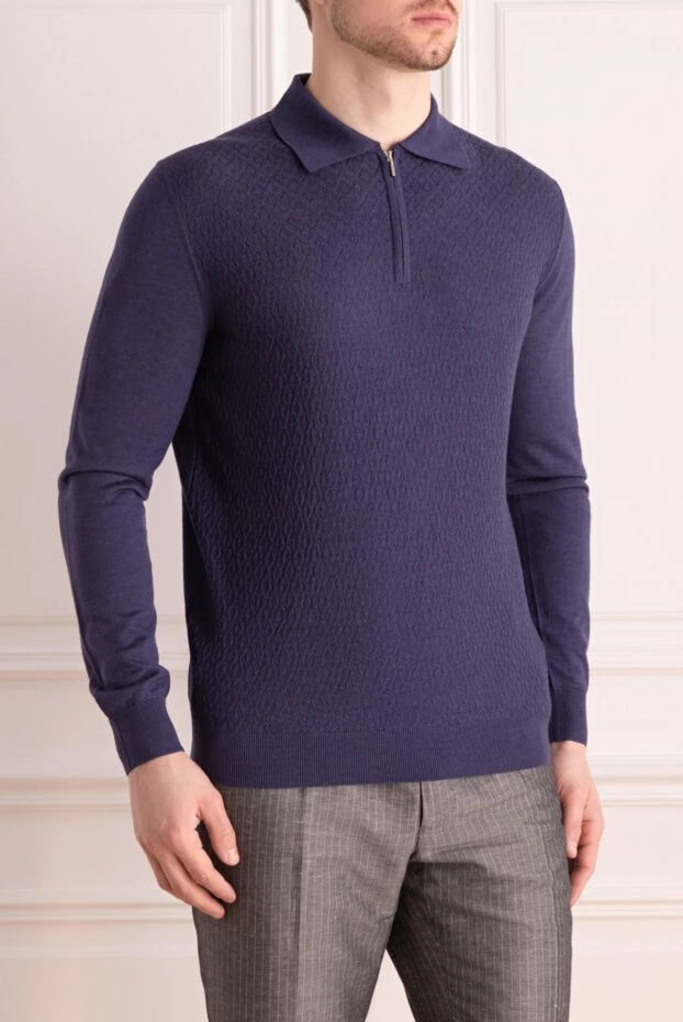 Cesare di Napoli man long-sleeved wool and cashmere polo shirt blue for men 148029 - photo 3