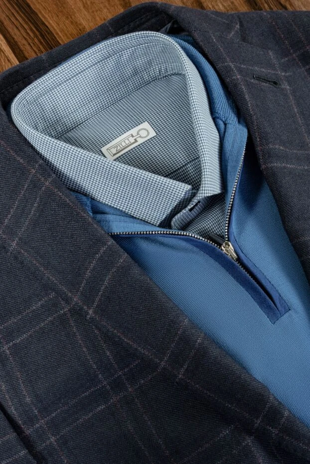 Поло с длинным рукавом из шерсти и кашемира синее на молнии мужское - фото 2