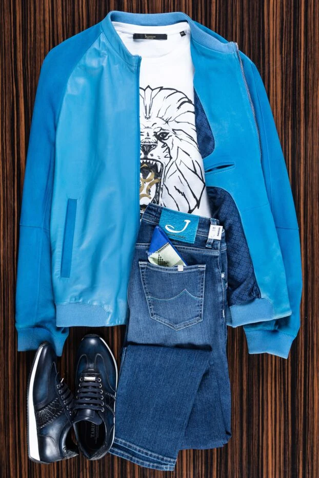 Billionaire blue leather jacket with suede sleeves and knit trim 149151 - photo 2