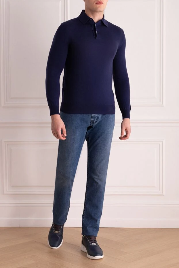 Dalmine men's long sleeve dark blue cotton polo shirt with buttons 196939 - photo 2