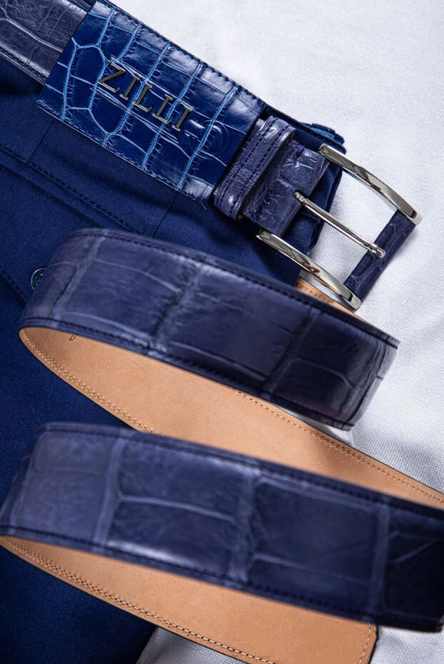 Tardini lilac-blue textured crocodile leather belt for men 149513 - photo 2