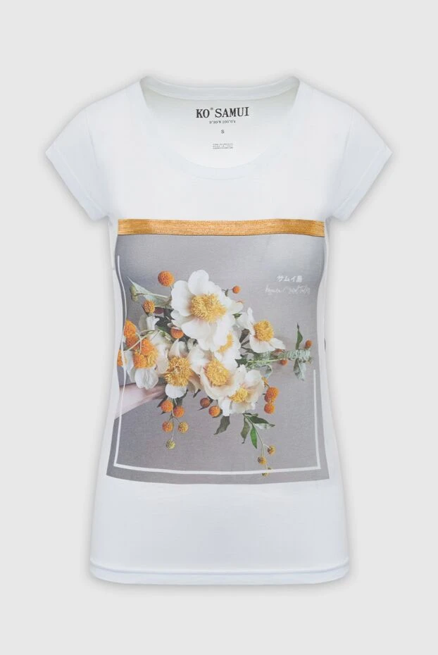 Ko Samui t-shirt women's white cotton with a floral print and a gold stripe 149640 - photo 1