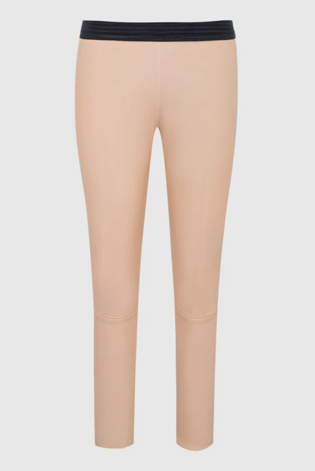 Women's leather pants in beige with a black waistband