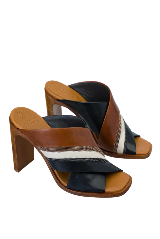 Brunello Cucinelli босоножки женские коричневые кожаные с контрастными полосками 150251 - фото 3