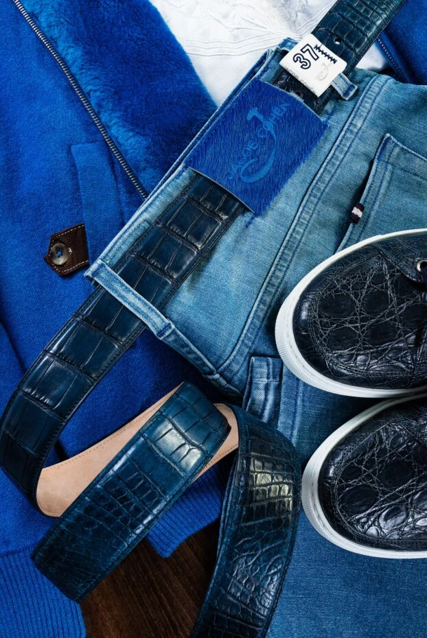 Ремінь зі шкіри крокодила яскраво-синій чоловічий - фото 2