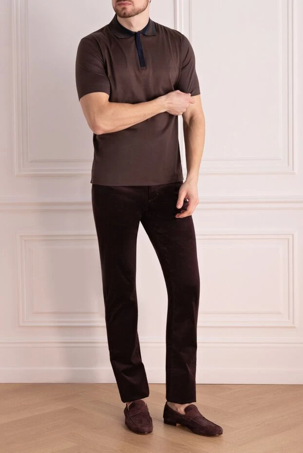 Cortigiani long sleeve polo in cotton and crocodile leather brown for men 195775 - photo 2