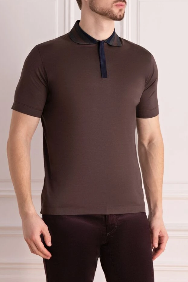 Cortigiani long sleeve polo in cotton and crocodile leather brown for men 195775 - photo 3