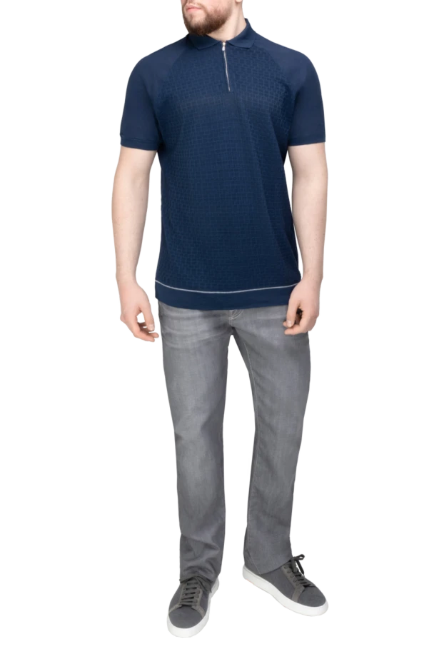 Cortigiani blue cotton polo shirt with a structured pattern and raglan sleeves for men 196554 - photo 2