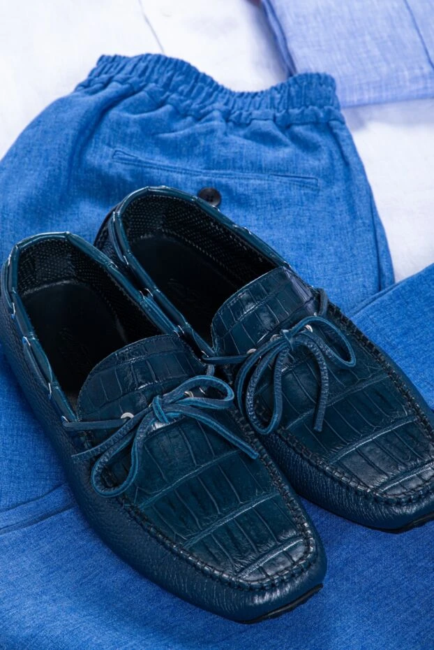 Cesare di Napoli dark blue leather boat moccasins with alligator leather insert for men 151548 - photo 2