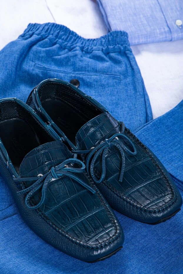 Cesare di Napoli dark blue leather boat moccasins with alligator leather insert for men 151548 - photo 3
