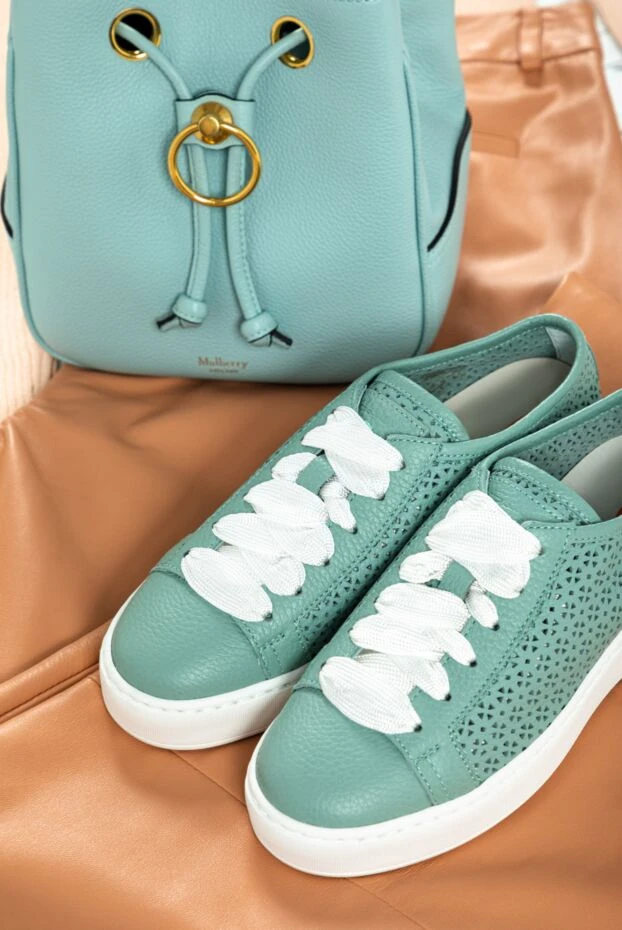 Santoni women's leather sneakers with perforation and white soles in green 151615 - photo 2