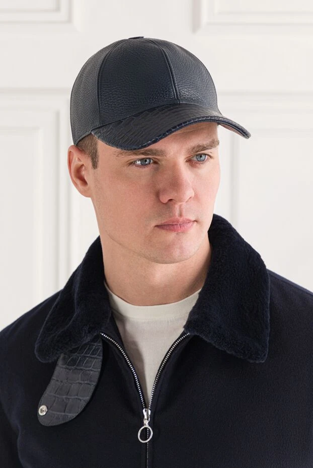 Cesare di Napoli cashmere cap with crocodile leather visor deep blue for men 152662 - photo 2