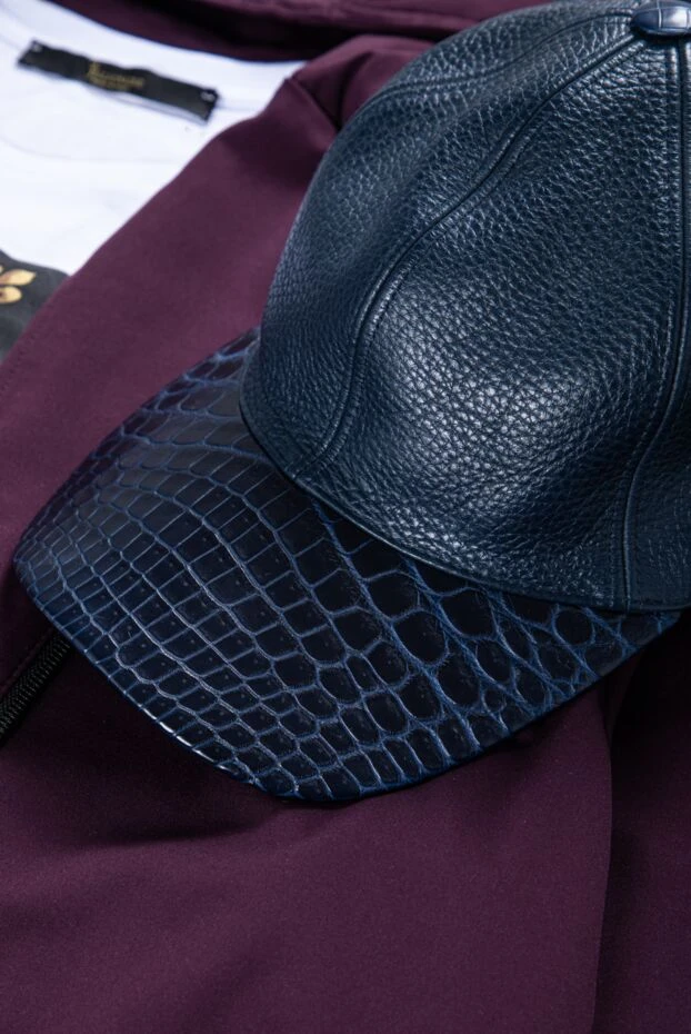 Кепка кашемировая с козырьком из кожи крокодила насыщенно-синяя мужская - фото 2