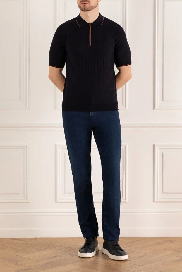 Zilli dark blue cotton polo shirt with geometric textured pattern and contrast piping for men 196324 - photo 2