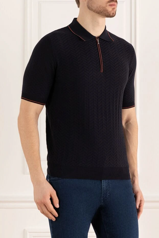Zilli dark blue cotton polo shirt with geometric textured pattern and contrast piping for men 196324 - photo 3