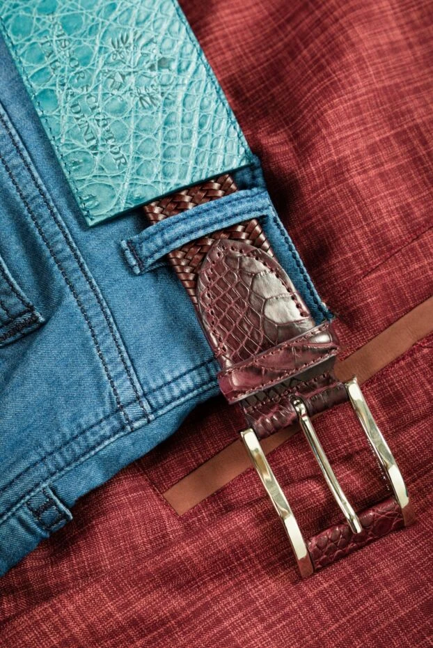 Burgundy leather belt with micro-weaving for men - photo 2