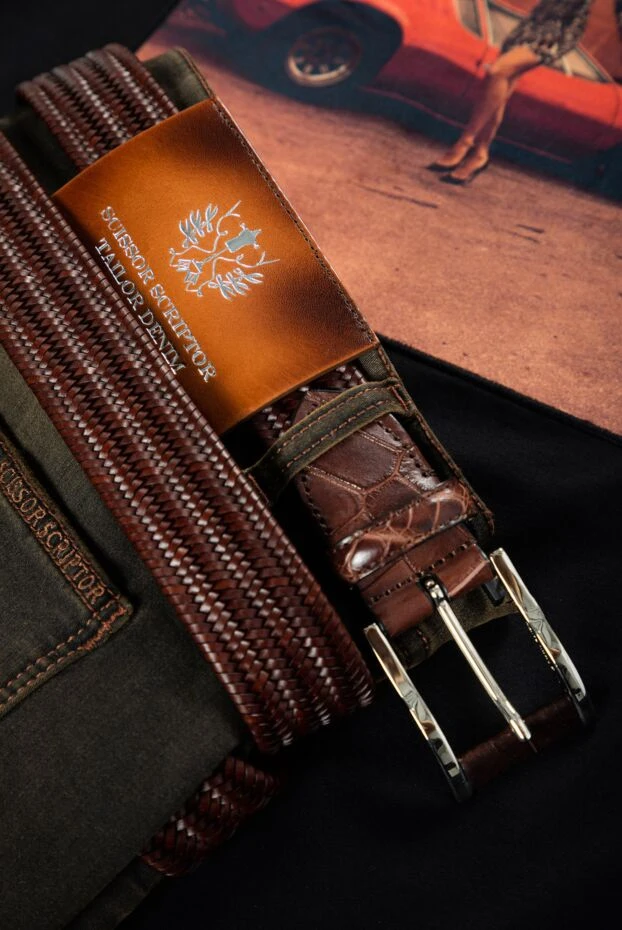 Ремень кожаный фактурный с микроплетением бордовый мужской - фото 2