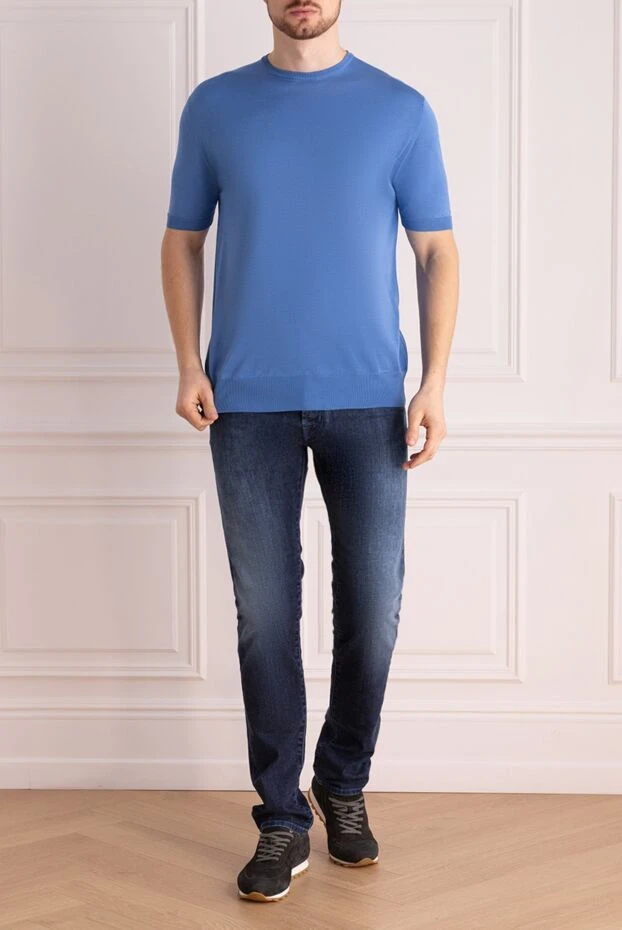 Cesare di Napoli man short sleeve jumper in silk and cotton blue for men buy with prices and photos 153158 - photo 2