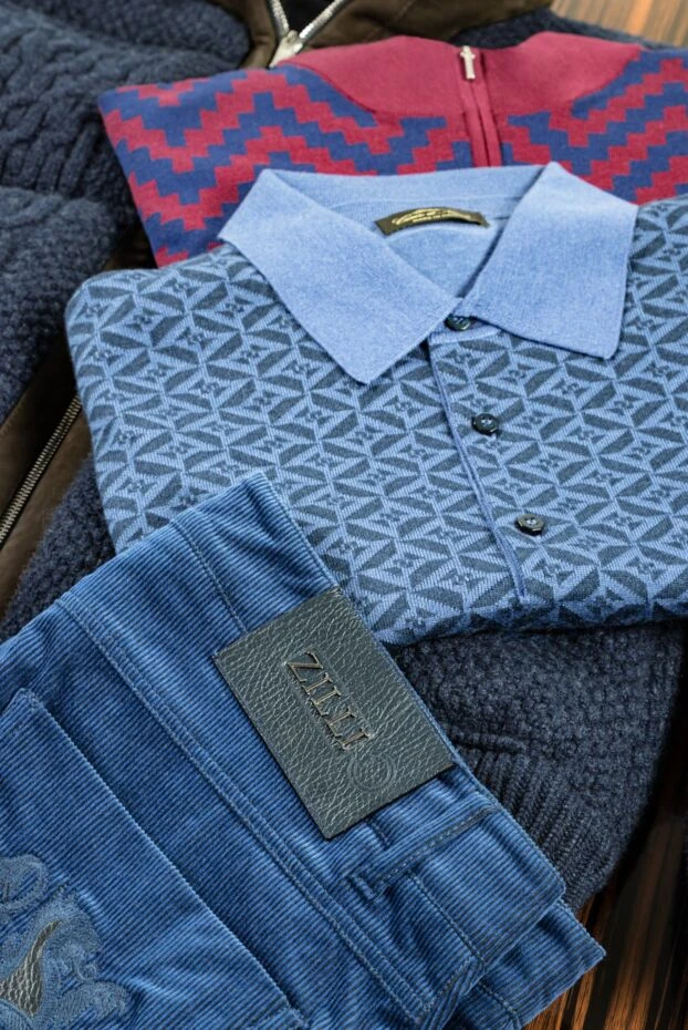Cesare di Napoli knitted polo shirt made of cashmere and silk with a geometric motif in blue 153396 - photo 2