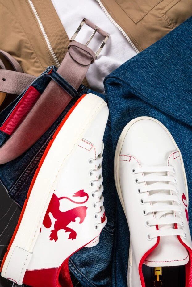 Zilli white leather sneakers with red heel and lion print 153450 - photo 2