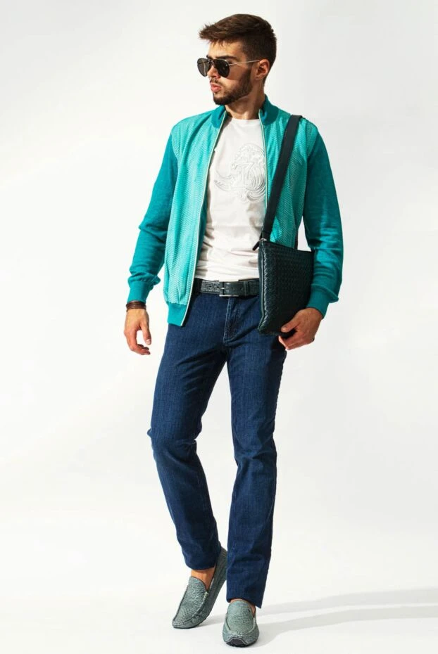 Кардиган чоловічий з кашеміру, шовку, льону та шкіри змії блакитний - фото 2