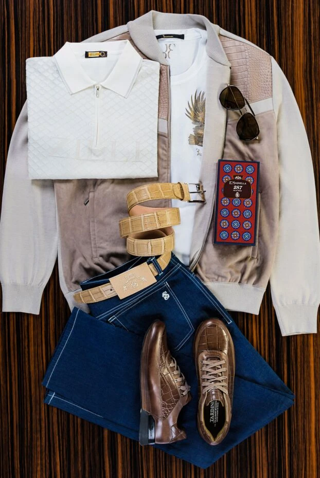 Zilli кардиган чоловічий з бавовни, шовку, замші та шкіри алігатора бежевий 153487 - фото 2