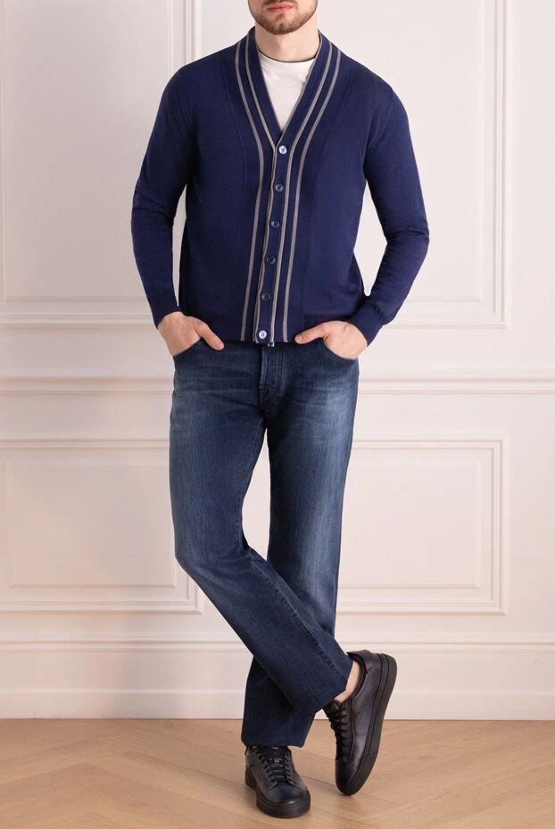 Zilli man men's cardigan made of cotton, silk and genuine leather, blue buy with prices and photos 153489 - photo 2