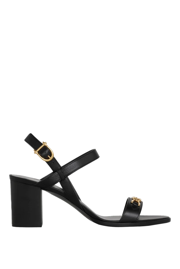 Women's black leather sandals with gilded logo