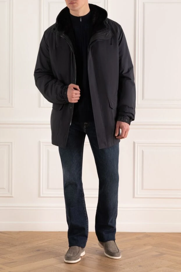 Seraphin man jacket with fur from nylon and genuine leather blue for men 154031 - photo 2