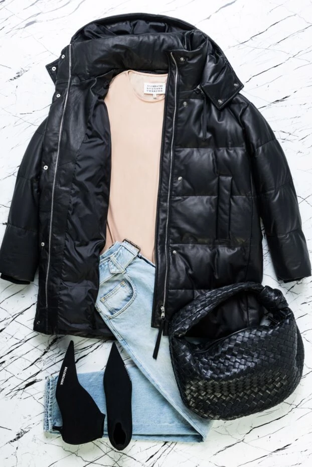 Intuition insulated women's down jacket made of smooth black leather with a zipper and buttons 154723 - photo 2