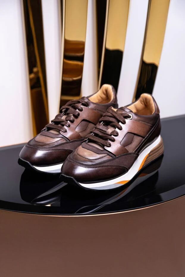 Santoni dark brown leather sneakers with a voluminous sole and an orange element on the side 155233 - photo 2