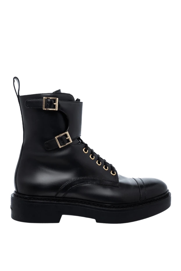 Women's black leather boots with straps and gold buckles