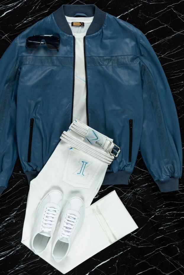 Torras mens blue leather bomber jacket with perforation and contrast zippers 155300 - photo 2