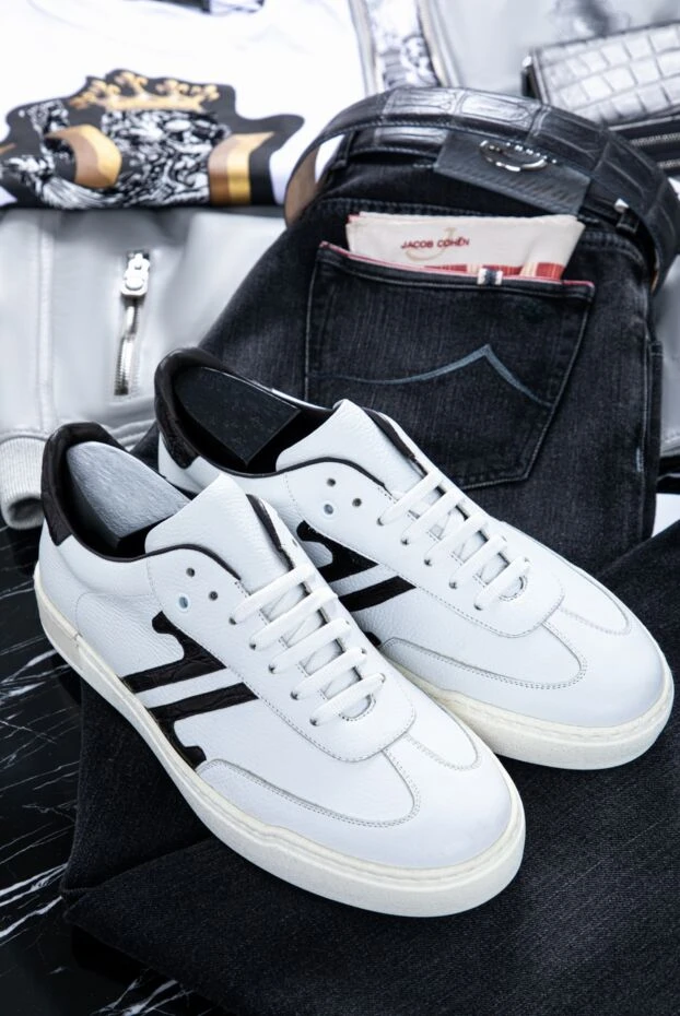 Zilli white leather sneakers with black accents and textured trim 155346 - photo 2