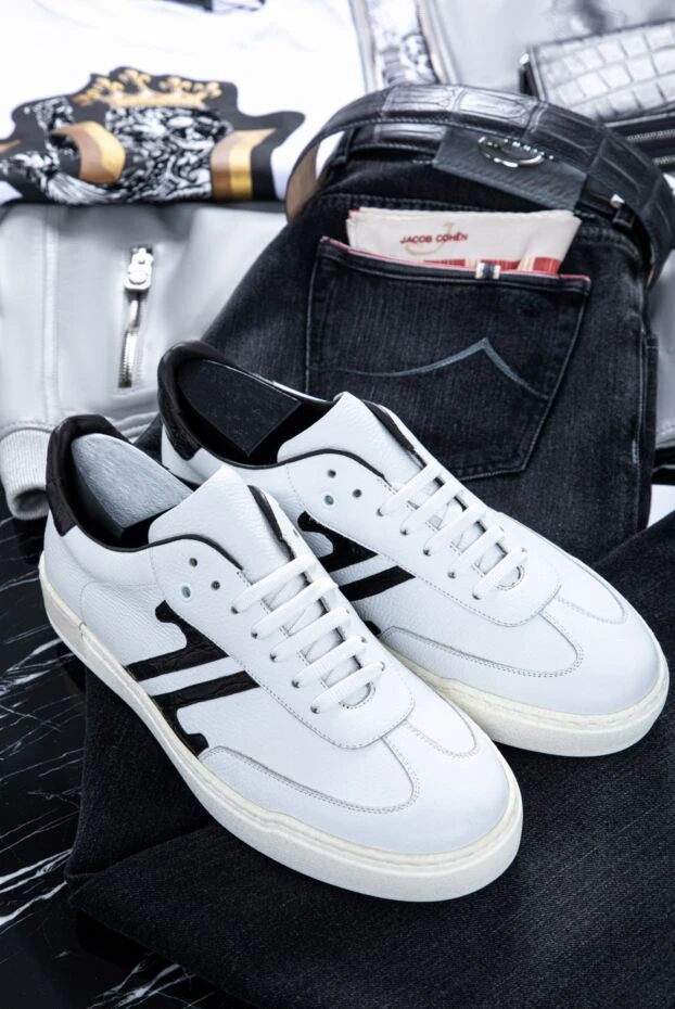 Zilli white leather sneakers with black accents and textured trim 155346 - photo 3