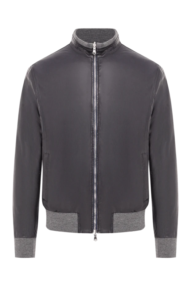 Куртка-бомбер кожаная синяя со стеганой подкладкой мужская - фото 1