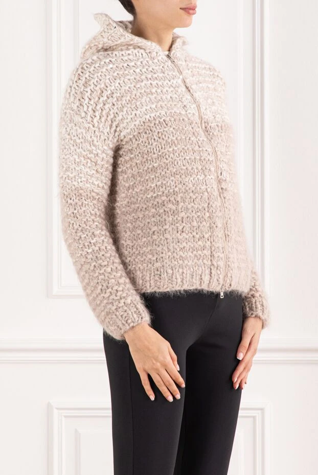 Panicale light beige womens knitted zip-up cardigan with a hood and fur 155818 - photo 3