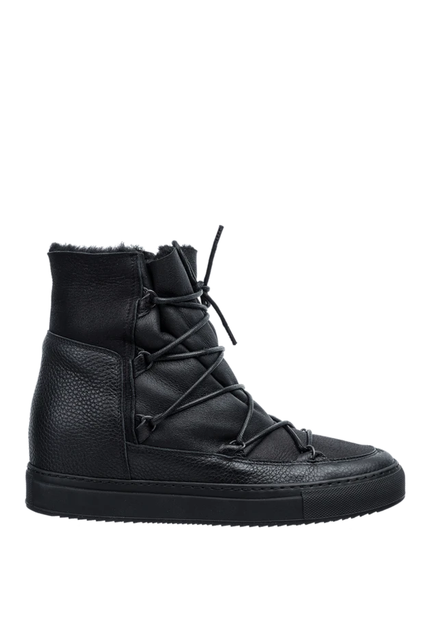 Women's black leather boots with black fur and laces